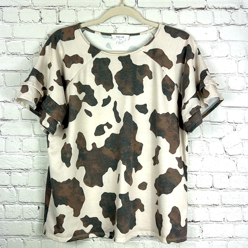 Peach Love Cow Print Ruffle Sleeve Top Size L